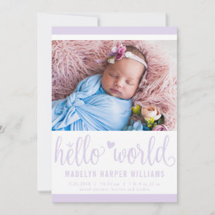 Faire-part Photo moderne Hello World Purple Birth Stat