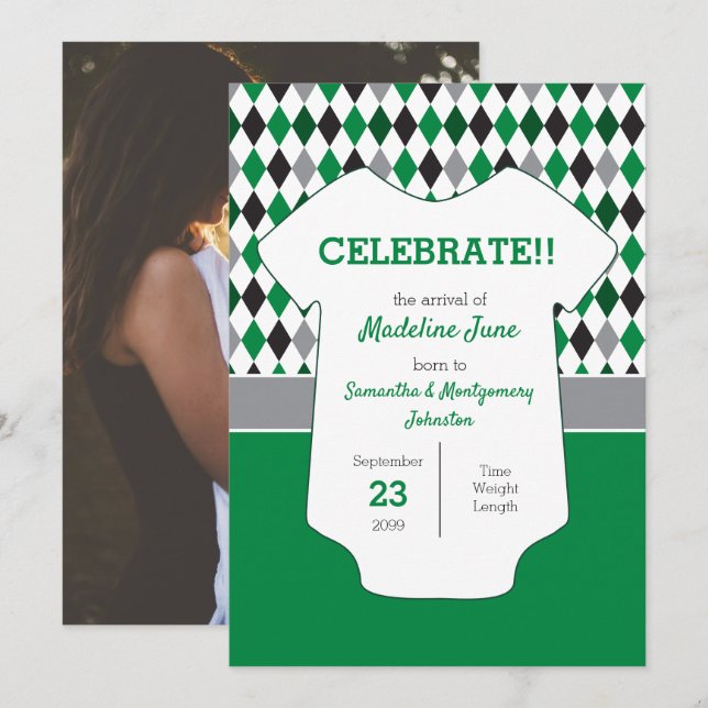 Faire-part Photo Motif de Jacquard vert et noir (Devant / Derrière)