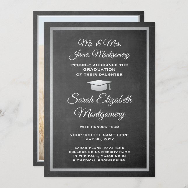 Faire-part Photo Parents Chalkboard & White Graduation (Devant / Derrière)