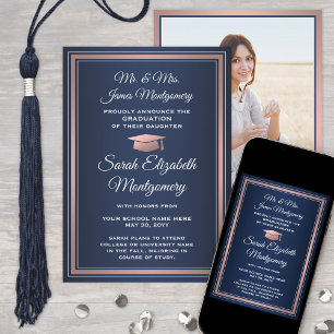 Faire-part Photo Parents Graduation Navy Bleu et Rose