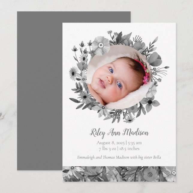 Faire-part Photo pour bébé Printemps moderne gris floral (Devant / Derrière)