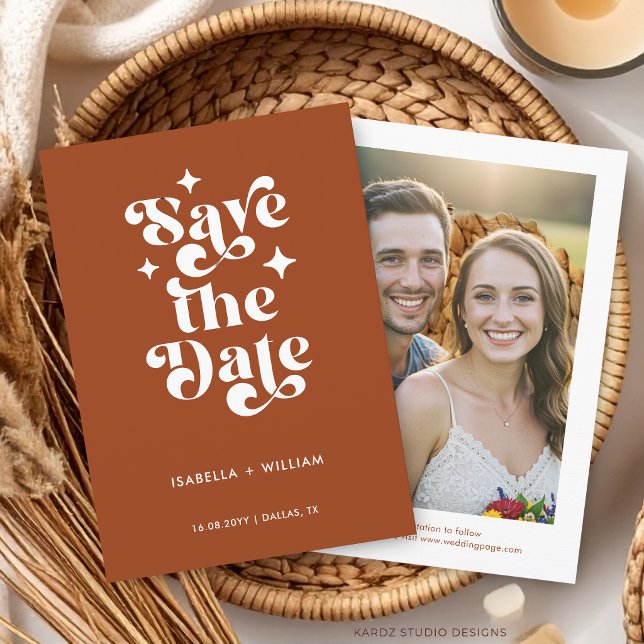 Faire-part Photo Retro Typography Wedding Save The Date (The front and back of the invitation shown in a 5x7-inch size. Choose size, paper, and corner style.)