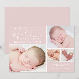 Faire-part Photo rose moderne Collage bébé fille naissance