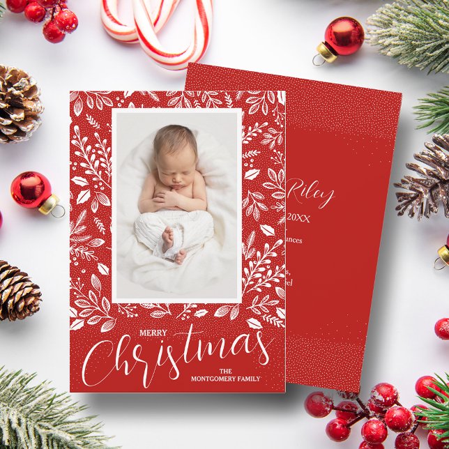 Faire-part Photo rouge Feuille blanche Naissance de Noël (Créateur téléchargé)