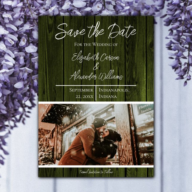 Faire part photo rustique vert Save The Date (Green Rustic Photo Save the Date)