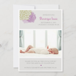 Faire-part Photos de naissance de fleurs violettes et vertes