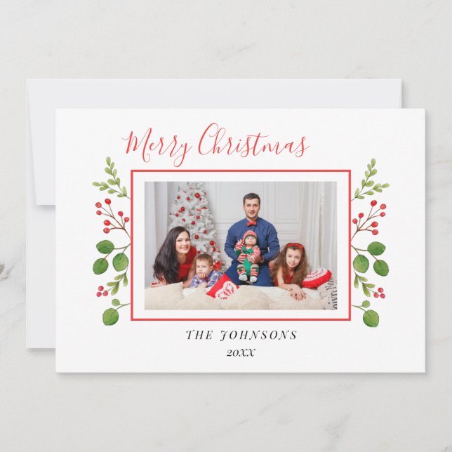 Faire-part Photos de Noël de l'aquarelle et de la verdure (Devant)