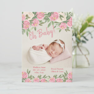 Faire-part Photos florales roses Oh Bébé Script naissance