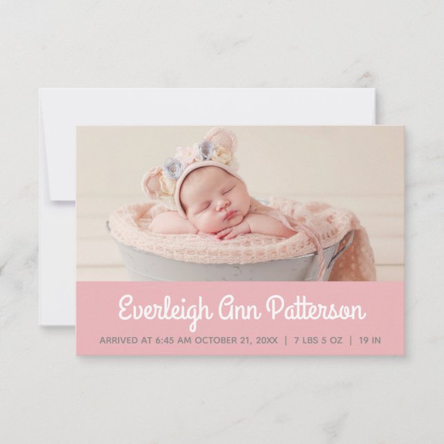 Faire-part Pink Baby Girl Custom Photo Retro Script Birth (Devant)