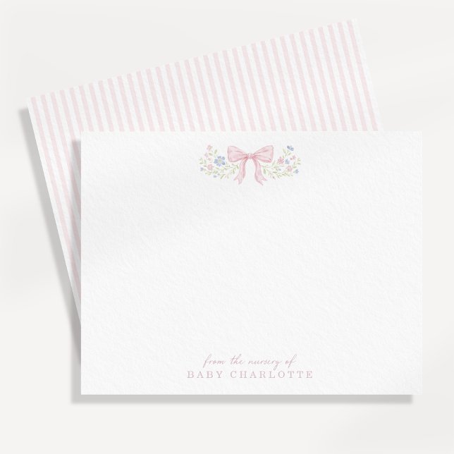 Faire-part Pink Bow Floral Nursery Note Card (Créateur téléchargé)