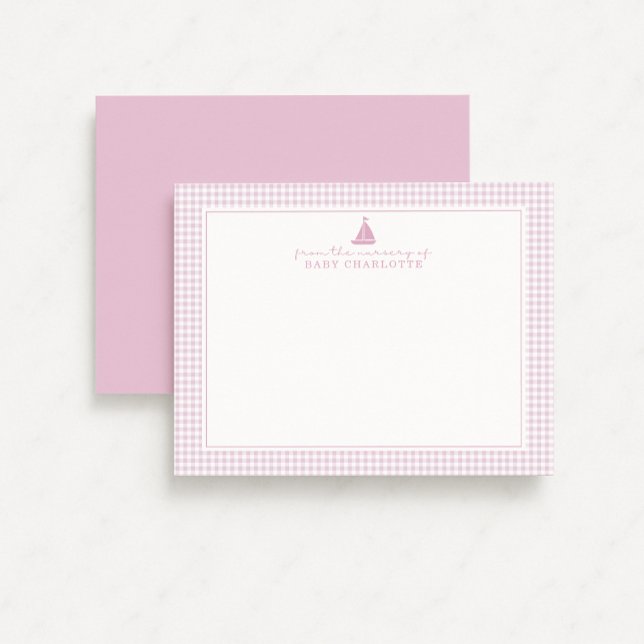 Faire-part Pink Gingham Sailboat Nursery Note Card (Créateur téléchargé)