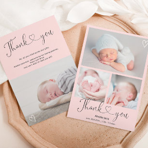Faire-part Pink merci script coeur 4 photos naissance bébé