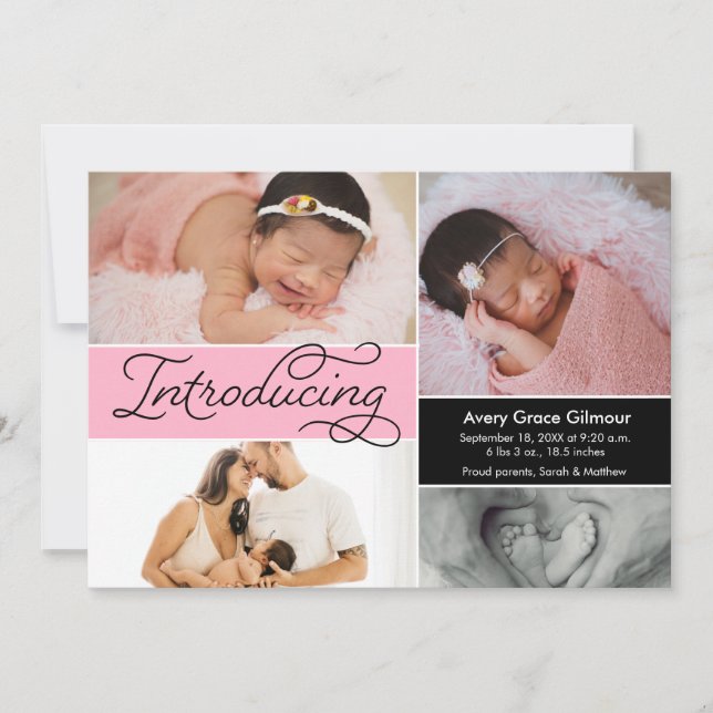 Faire-part Pink Modern Photo Collage Présentation Baby Girl (Devant)