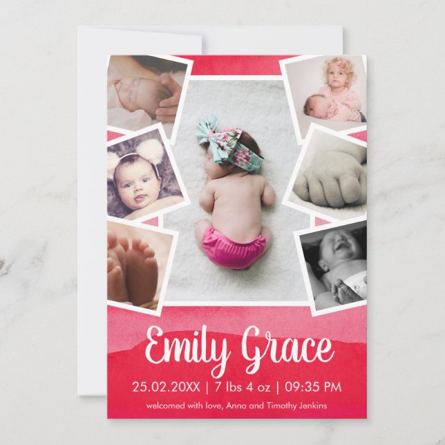 Faire-part Pink moderne Ombre Aquarelle Photo Collage Girl (Devant)