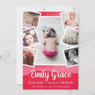 Faire-part Pink moderne Ombre Aquarelle Photo Collage Girl