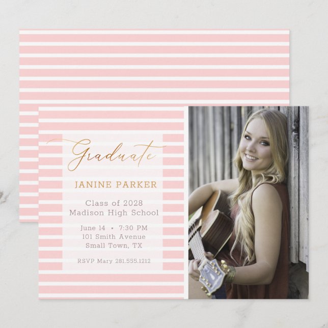 Faire-part Pink Stripe Ajouter Votre Propre Diplôme Photo (Devant / Derrière)