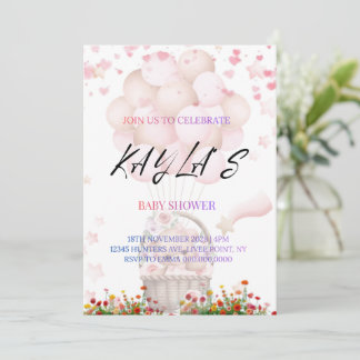 Faire-part Pink Teddy Bear and Balloons Baby Shower Invite