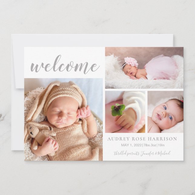 Faire-part Pink White Photo Collage Bébé Fille Bienvenue Nais (Devant)