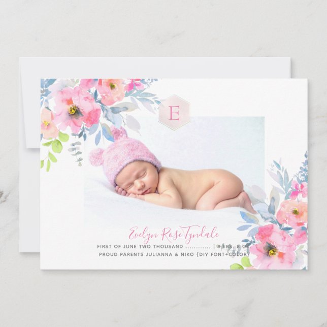 Faire-part PixDezines Monogramme+Jardin Roses naissance bébé  (Devant)