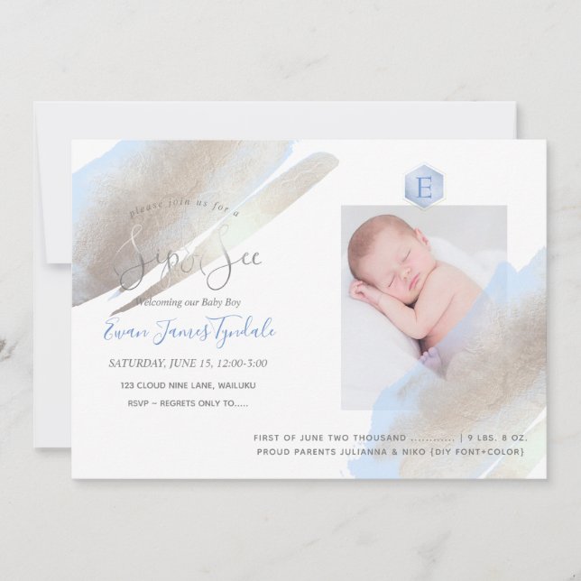 Faire-part PixDezines SIP+VOIR, MONOGRAM, PLATINUM+BLEU (Devant)