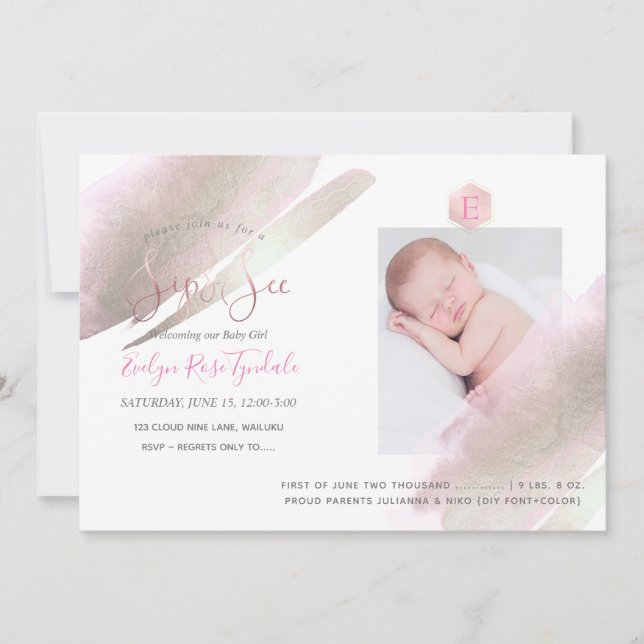 Faire-part PixDezines SIP+VOIR, MONOGRAM, PLATINUM+BLUSH (Devant)