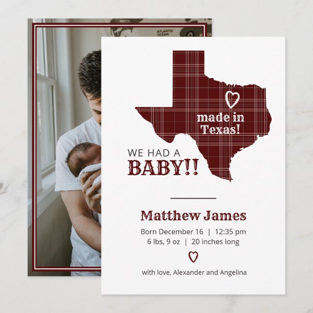 Faire-part Plaid Maroon Fabriqué Au Texas Photo Verticale (Devant / Derrière)