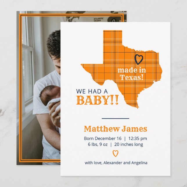 Faire-part Plaid Orange Fabriqué Au Texas Photo Verticale (Devant / Derrière)