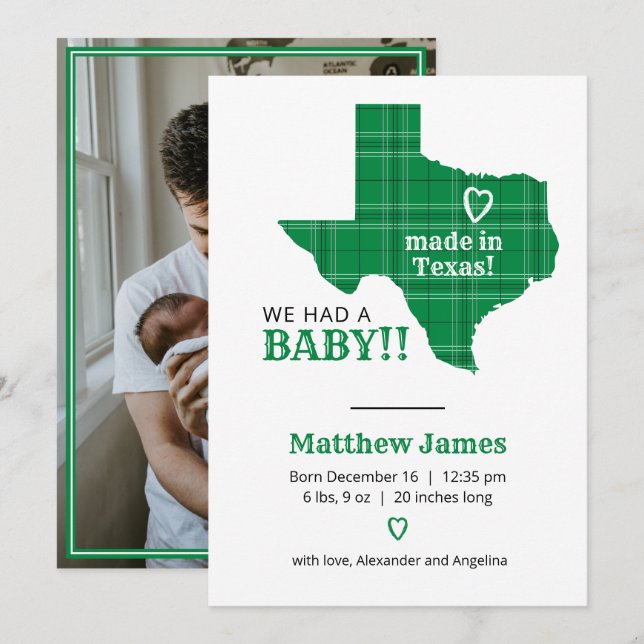 Faire-part Plaid Vert Fabriqué Au Texas Photo Verte (Devant / Derrière)