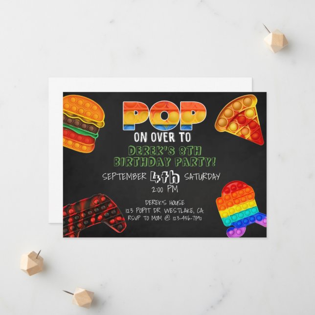 Faire-part pop snap party, pop it party, fidget party (Devant/Arrière en situation)