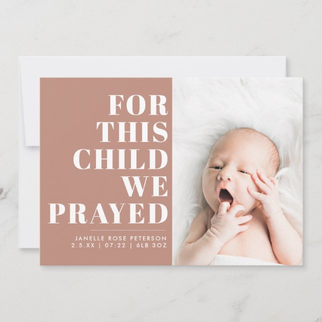 Faire-part Pour Cet Enfant Nous Avons Prié Écriture Tan Photo (Devant)