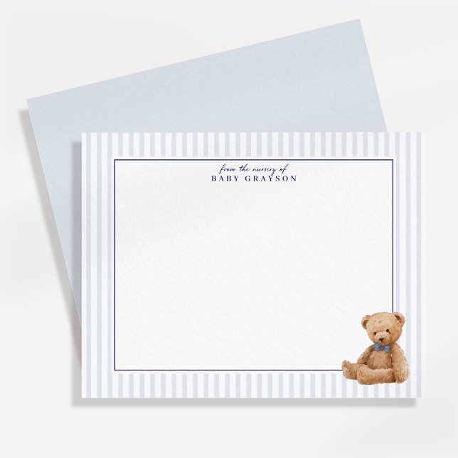 Faire-part Preppy Blue Striped Teddy Bear Nursery note card (Créateur téléchargé)