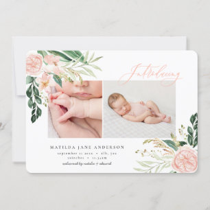 Faire-part Présentation de la naissance florale rose pâle mul