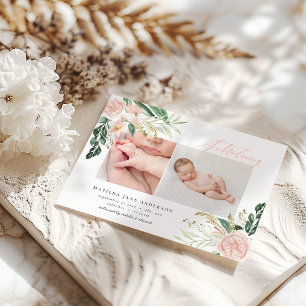 Faire-part Présentation de la naissance florale rose pâle mul