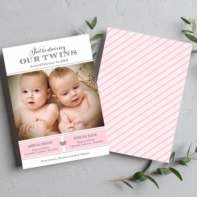Faire-part Présentation de notre jumelle Filles rose Photo Na (Créateur téléchargé)