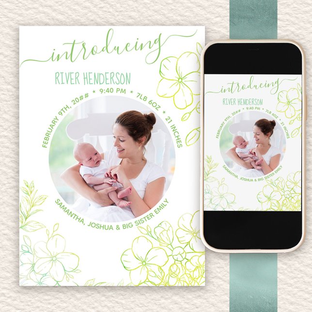 Faire-part Présentation d'une photo botanique délicate à la n (Photo birth announcement to order printed or as a printable digital download)