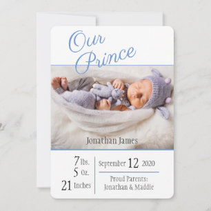 Faire-part Prince Blue Baby Boy Elegant Nom photo Naissance