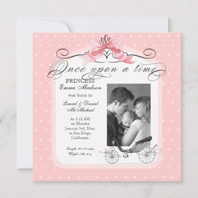 Faire-part Princesse Carriage Pink Ribbon Bow Photo Baby Girl (Devant)