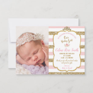 Faire-part Princesse rose et or Bébé Naissance de la fille