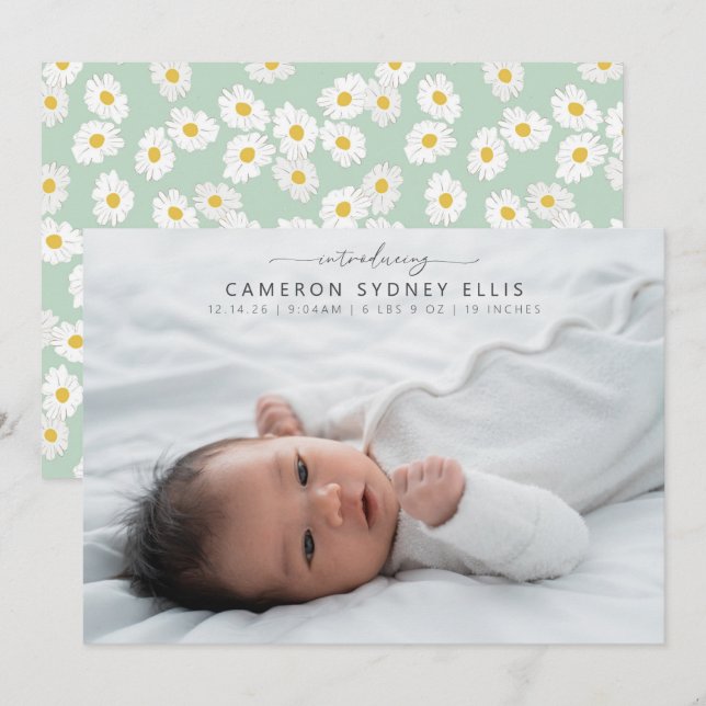 Faire-part Printemps Pastel Sage Green Daisies Bébé Photo Nai (Devant / Derrière)