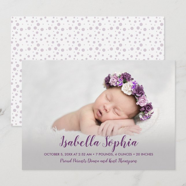 Faire-part Purple Baby Girl Photo Naissance (Devant / Derrière)