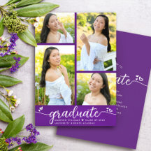 Purple Graduation 4 Photo Modern Script Hearts