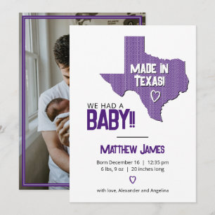Faire-part Purple Herringbone Fabriqué au Texas Photo Baby