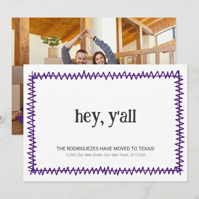 Faire-part Purple Hey Y'all - Déménagé au Texas (Devant / Derrière)