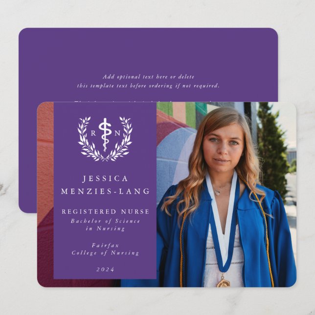 Faire-part Purple Infirmière inscrite Asclepius Graduation Ph (Devant / Derrière)