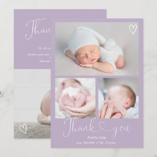 Faire-part Purple merci script coeur 4 photos naissance bébé