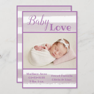 Faire-part Purple Stripe Photo Baby Love Script de naissance