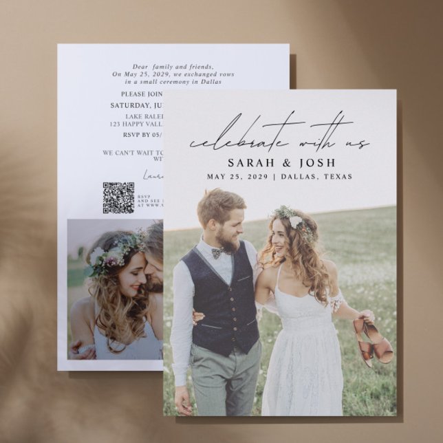 Faire-part QR Code Célébrer Avec Nous 2 Mariage Photo (Personalize this wedding reception invitation with your photos & personal deets - simple, easy, done)
