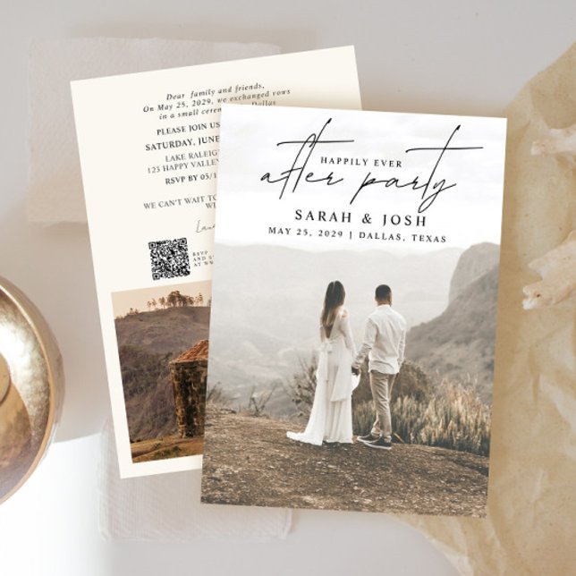 Faire-part QR Code Heureusement Jamais après Party Cream 2 Ph (Easily personalize this wedding reception invitation with your wedding photos and details!)