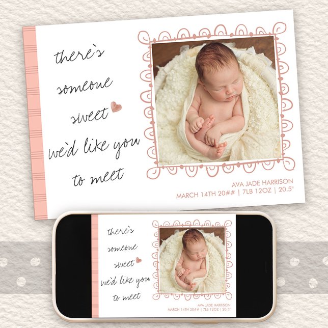 Faire-part Quelqu'un de doux à rencontrer 2 Photo Bébé Fille  (Framed photo birth announcement with handwritten wording)
