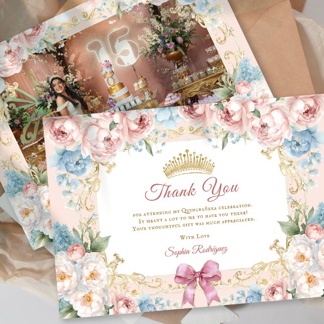Faire-part Quinceanera rose florale classique Photo ThankYou  (Classy Floral Pink Quinceanera Photo ThankYou Card)